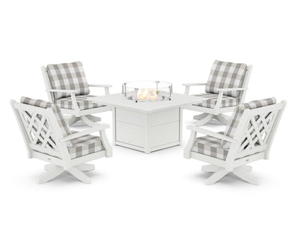 Country Living Wovendale 5-Piece Deep Seating Swivel Conversation Set with Fire Pit Table in White / Buffalo Plaid Grey Mist