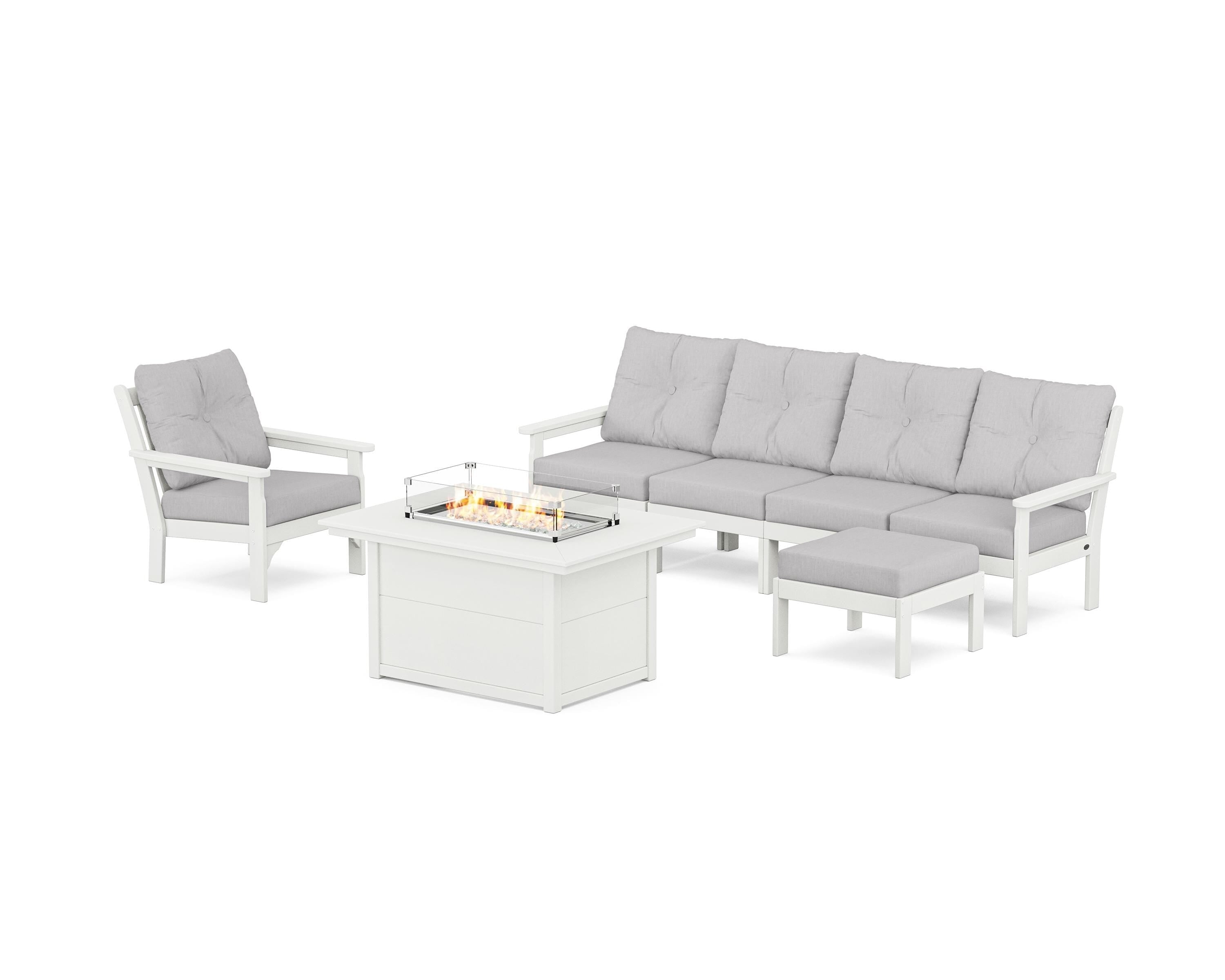 POLYWOOD® Vineyard Sectional Lounge and Fire Pit Set in Vintage White / Granite