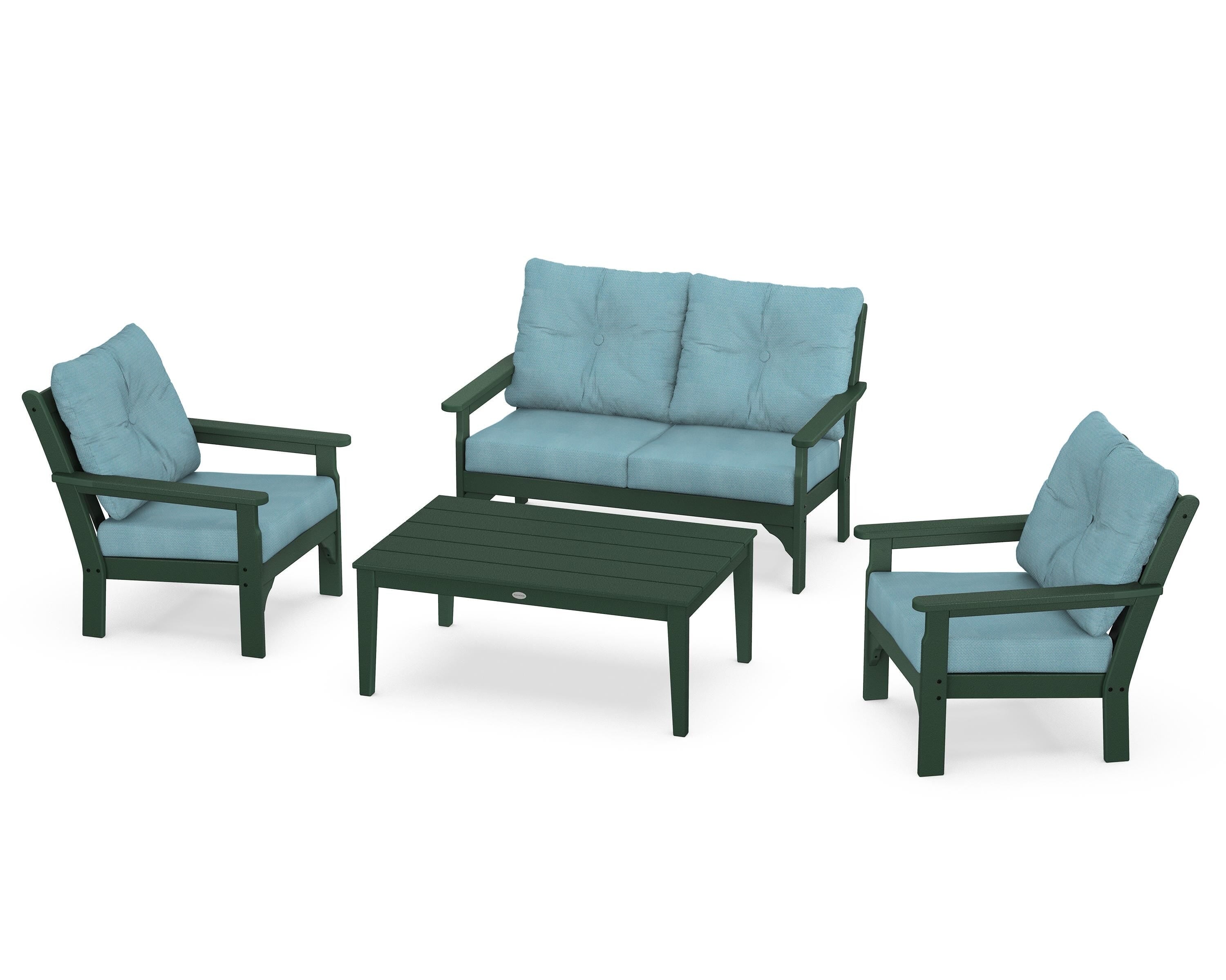 POLYWOOD® Vineyard 4-Piece Deep Seating Set in Green / Lattice Sky Blue