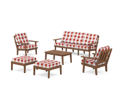 POLYWOOD® Oxford 6-Piece Lounge Sofa Set in Teak / Buffalo Plaid Crimson