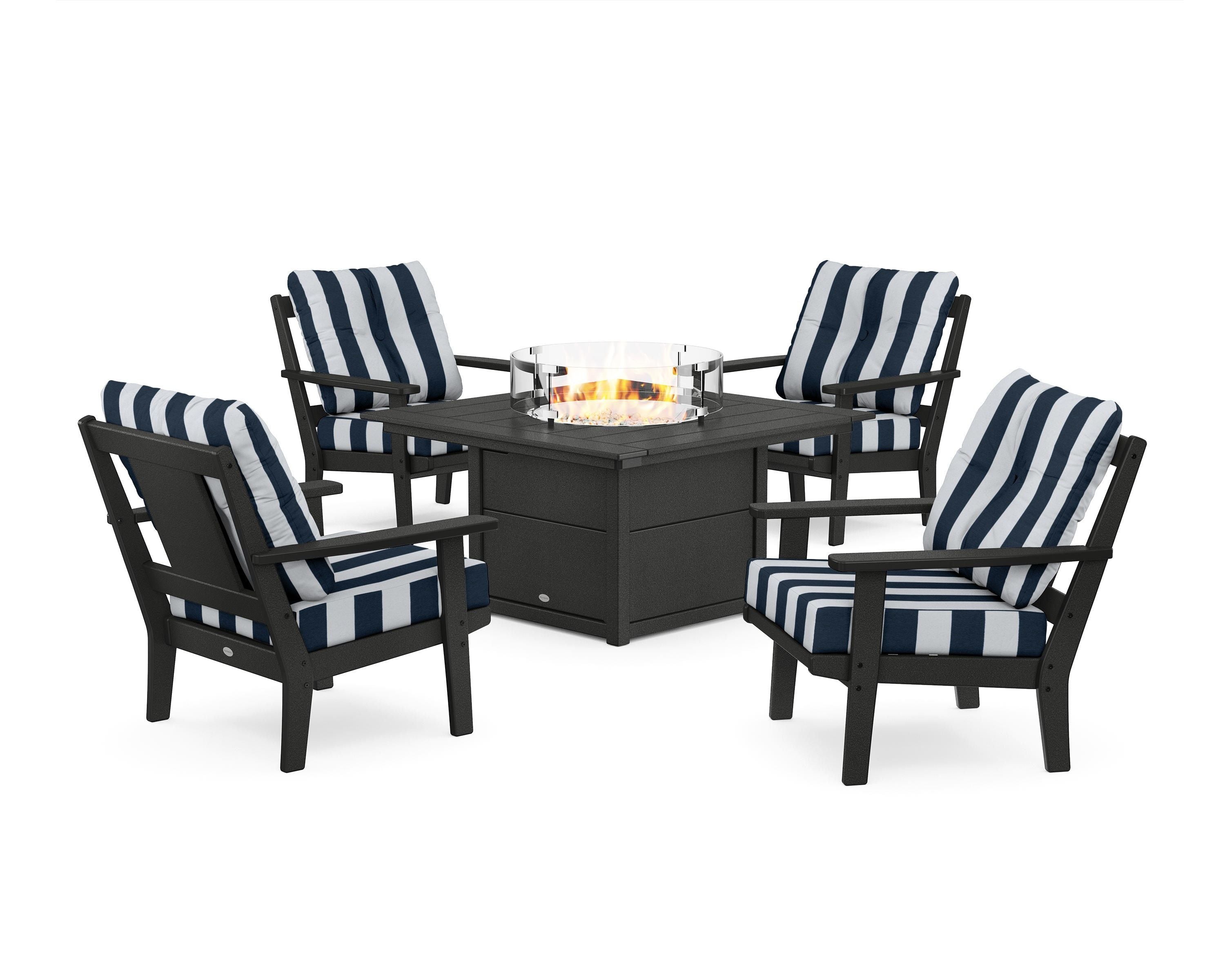 POLYWOOD® Prairie 5-Piece Deep Seating Set with Fire Pit Table in Black / Cabana Stripe Marine Indigo