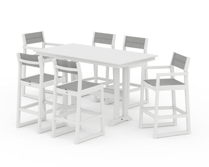POLYWOOD® EDGE Sling 7-Piece Farmhouse Bar Set with Trestle Legs in White / Metallic Sling