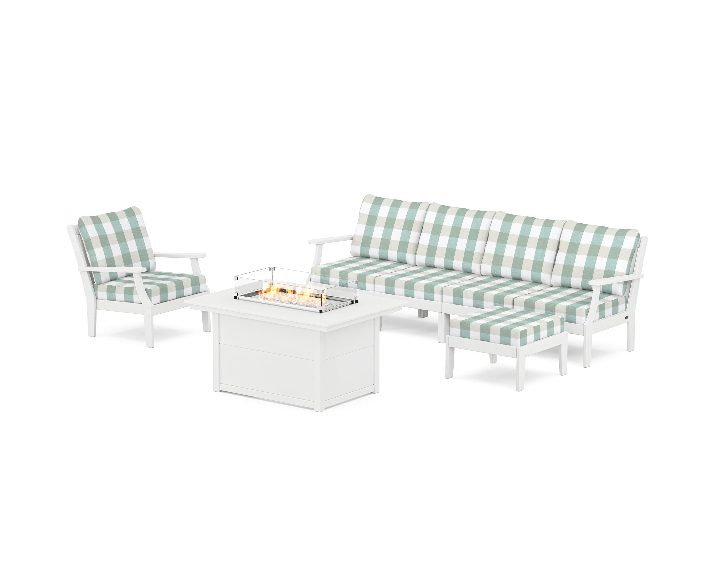POLYWOOD® Braxton Sectional Lounge and Fire Pit Set in White / Buffalo Plaid Glacier Spa