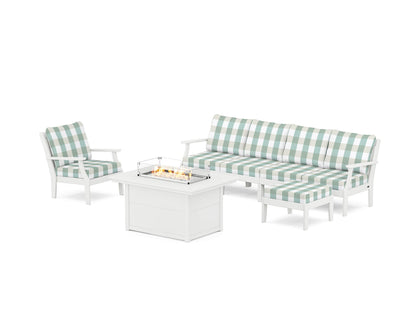 POLYWOOD® Braxton Sectional Lounge and Fire Pit Set in White / Buffalo Plaid Glacier Spa