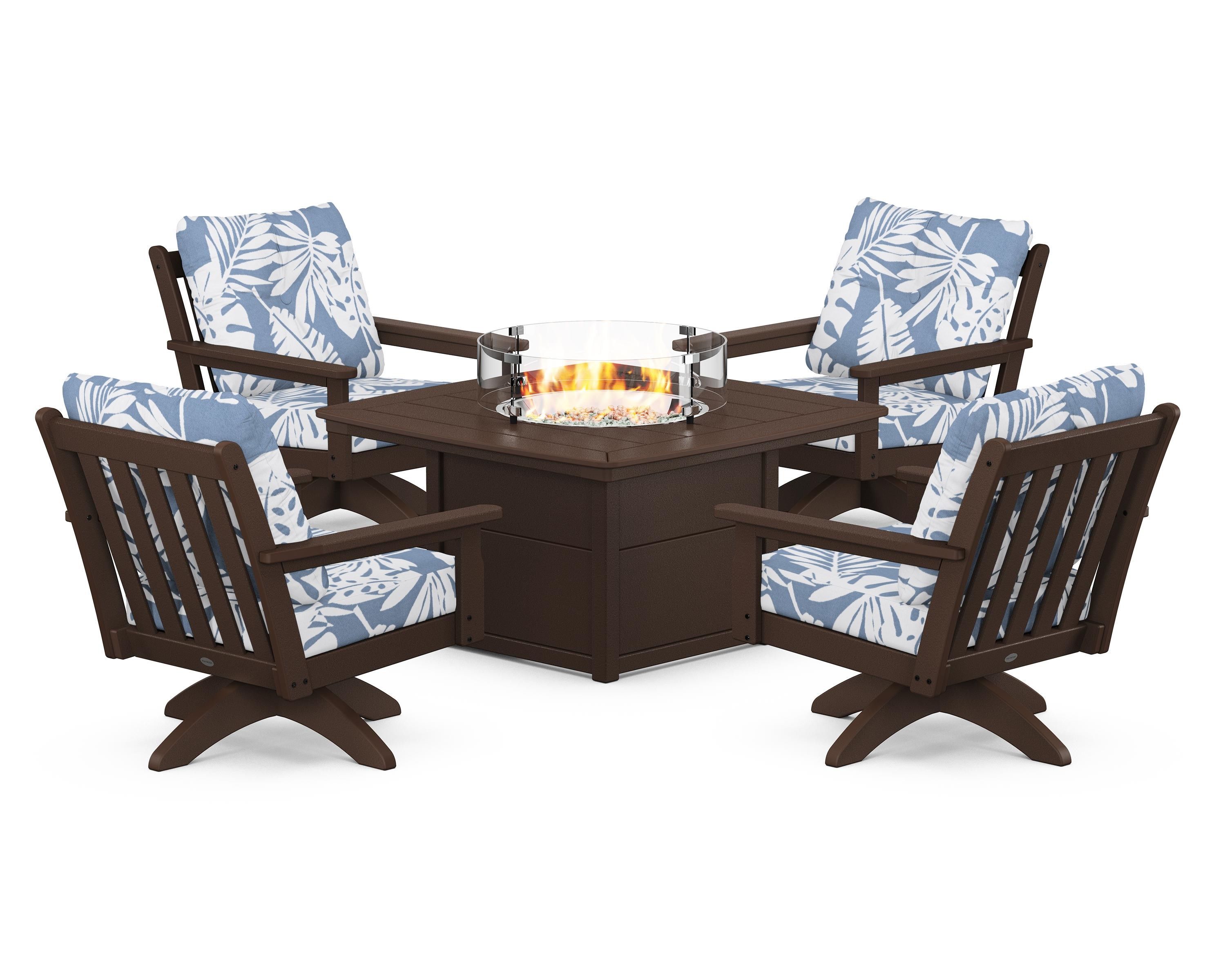 POLYWOOD® Vineyard 5-Piece Deep Seating Swivel Conversation Set with Fire Pit Table in Mahogany / Leaf Sky Blue