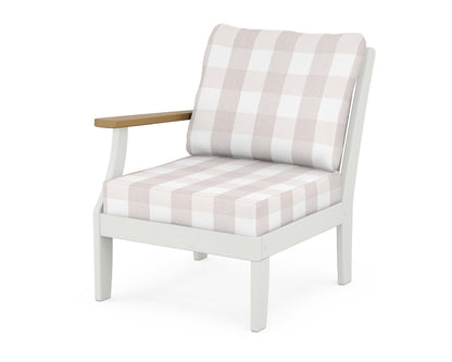 POLYWOOD® Braxton Modular Left Arm Chair in White / Natural / Buffalo Plaid Dune Burlap