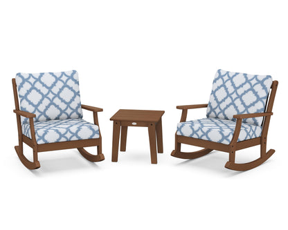 POLYWOOD® Braxton 3-Piece Deep Seating Rocker Set in Teak / Trellis Sky Blue