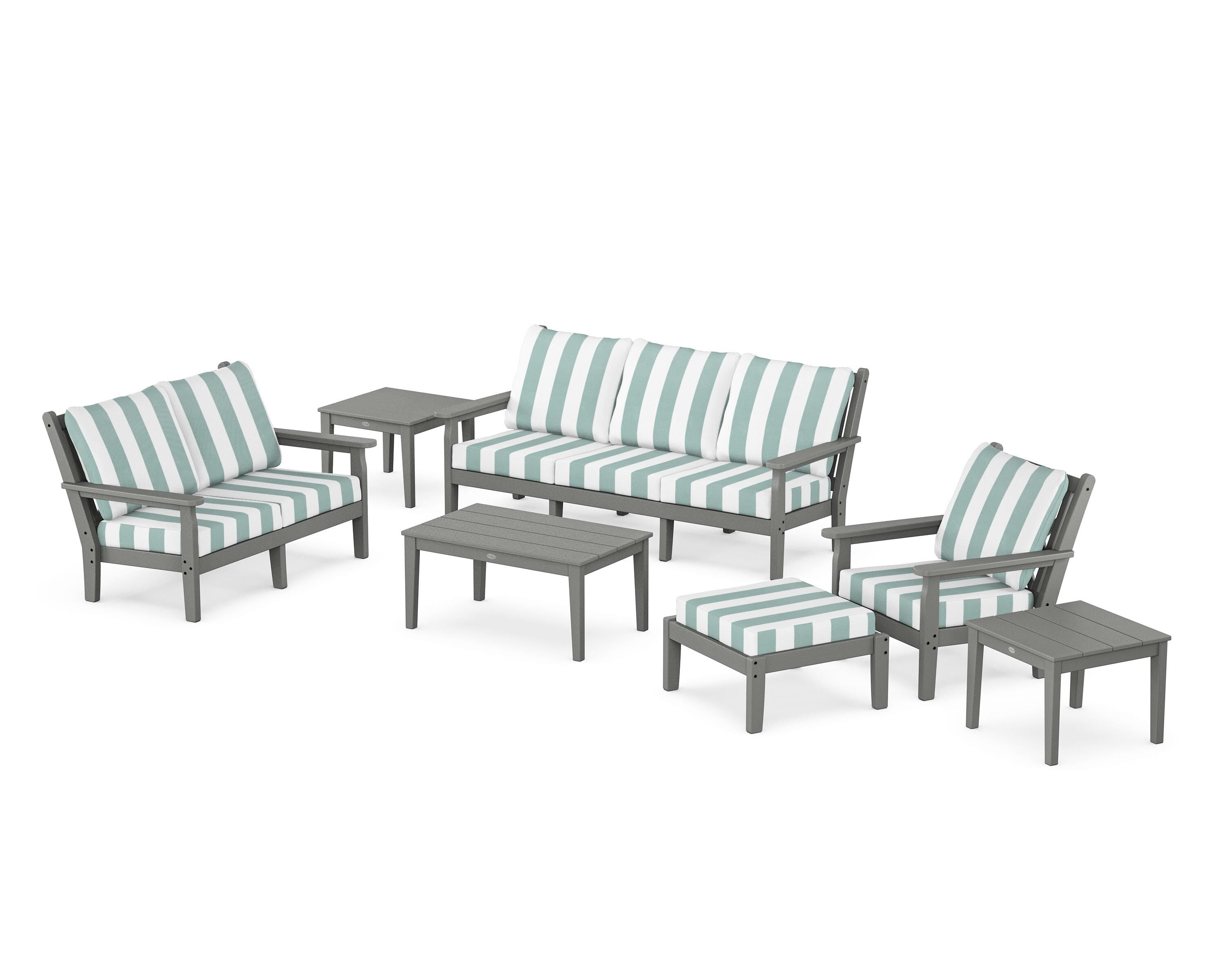 POLYWOOD® Chippendale 7-Piece Deep Seating Set in Slate Grey / Cabana Stripe Glacier Spa