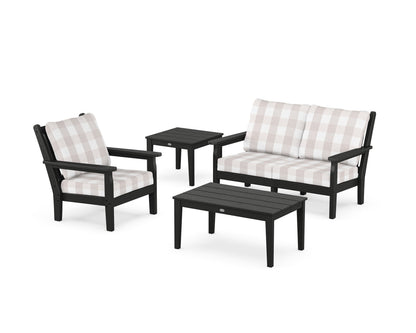 POLYWOOD® Chippendale 4-Piece Deep Seating Set in Black / Buffalo Plaid Dune Burlap
