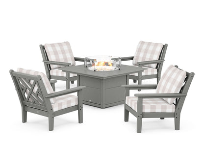 POLYWOOD® Chippendale 5-Piece Deep Seating Set with Fire Pit Table in Slate Grey / Buffalo Plaid Dune Burlap