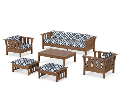 Martha Stewart by POLYWOOD® Acadia 6-Piece Lounge Sofa Set in Teak / Trellis Marine Indigo
