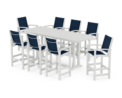 POLYWOOD® Coastal 9-Piece Farmhouse Bar Set with Trestle Legs in White / Navy Blue Sling