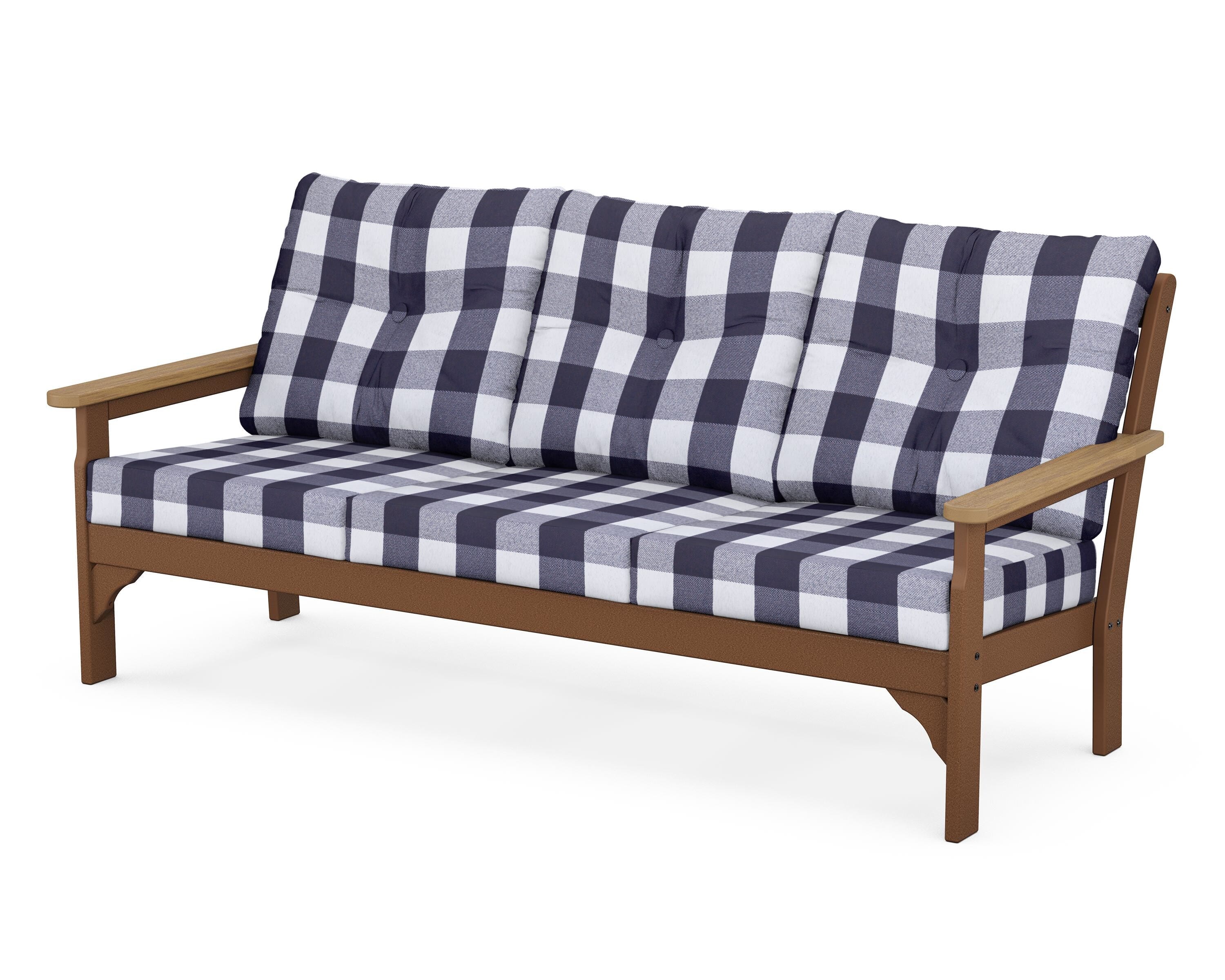 POLYWOOD® Vineyard Deep Seating Sofa in Teak / Natural / Buffalo Plaid Navy