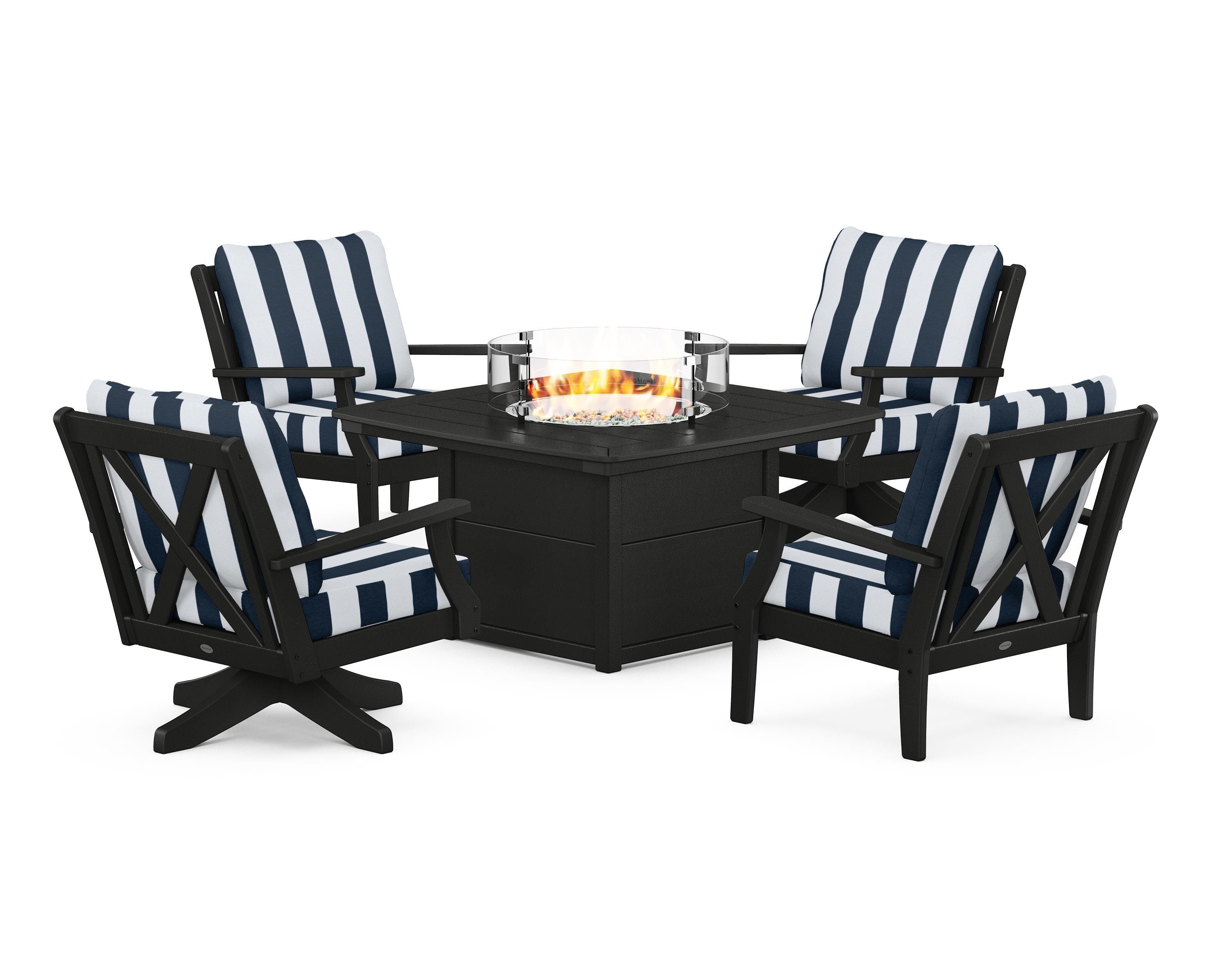 POLYWOOD® Braxton 5-Piece Deep Seating Set with Fire Table in Black / Cabana Stripe Marine Indigo