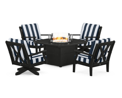 POLYWOOD® Braxton 5-Piece Deep Seating Set with Fire Table in Black / Cabana Stripe Marine Indigo