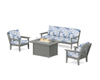 Country Living Cottage Deep Seating Fire Pit Table Set in Slate Grey / Leaf Sky Blue