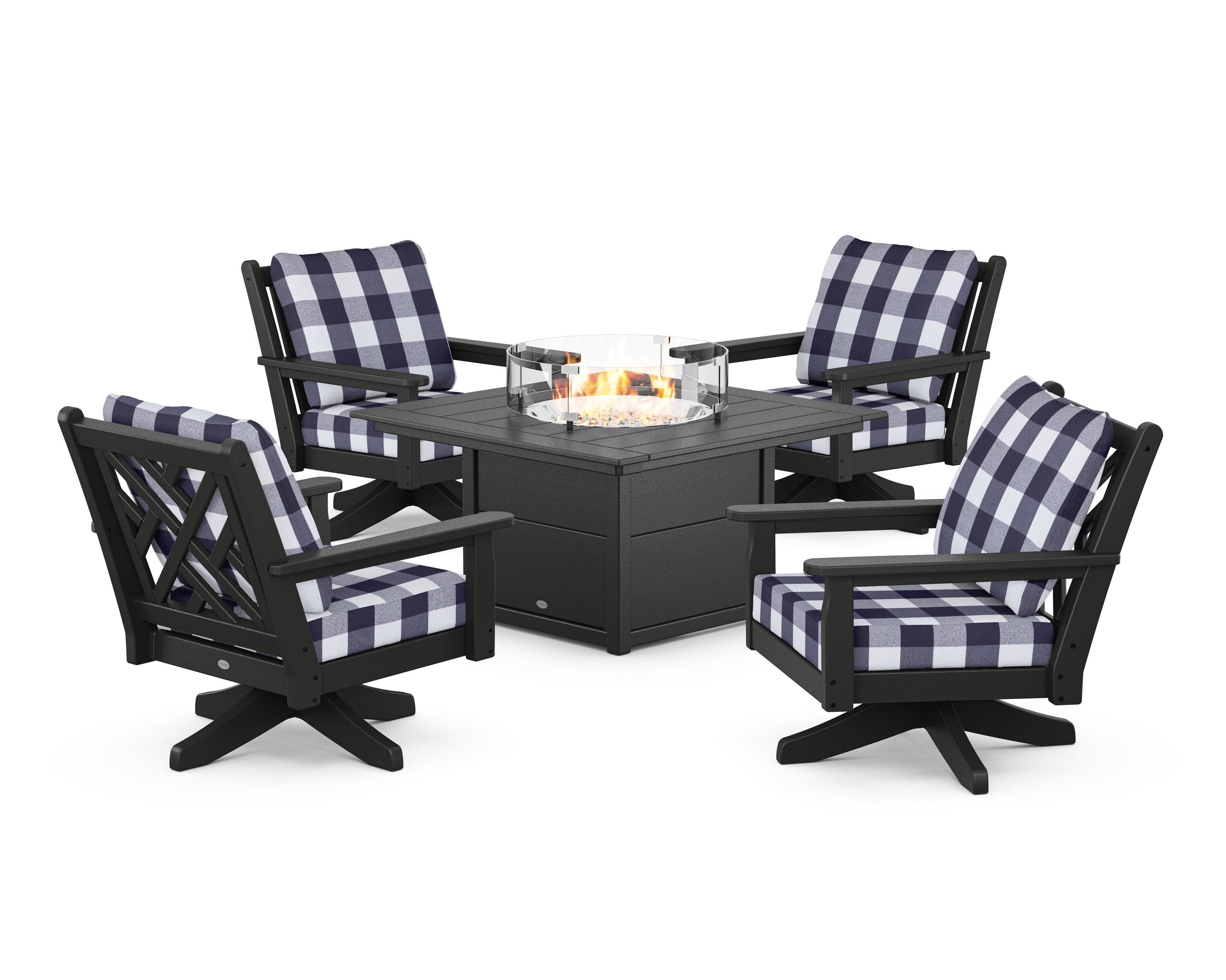 POLYWOOD® Chippendale 5-Piece Deep Seating Swivel Conversation Set with Fire Pit Table in Black / Buffalo Plaid Navy
