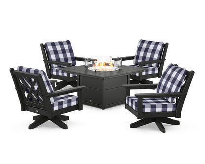 POLYWOOD® Chippendale 5-Piece Deep Seating Swivel Conversation Set with Fire Pit Table in Black / Buffalo Plaid Navy