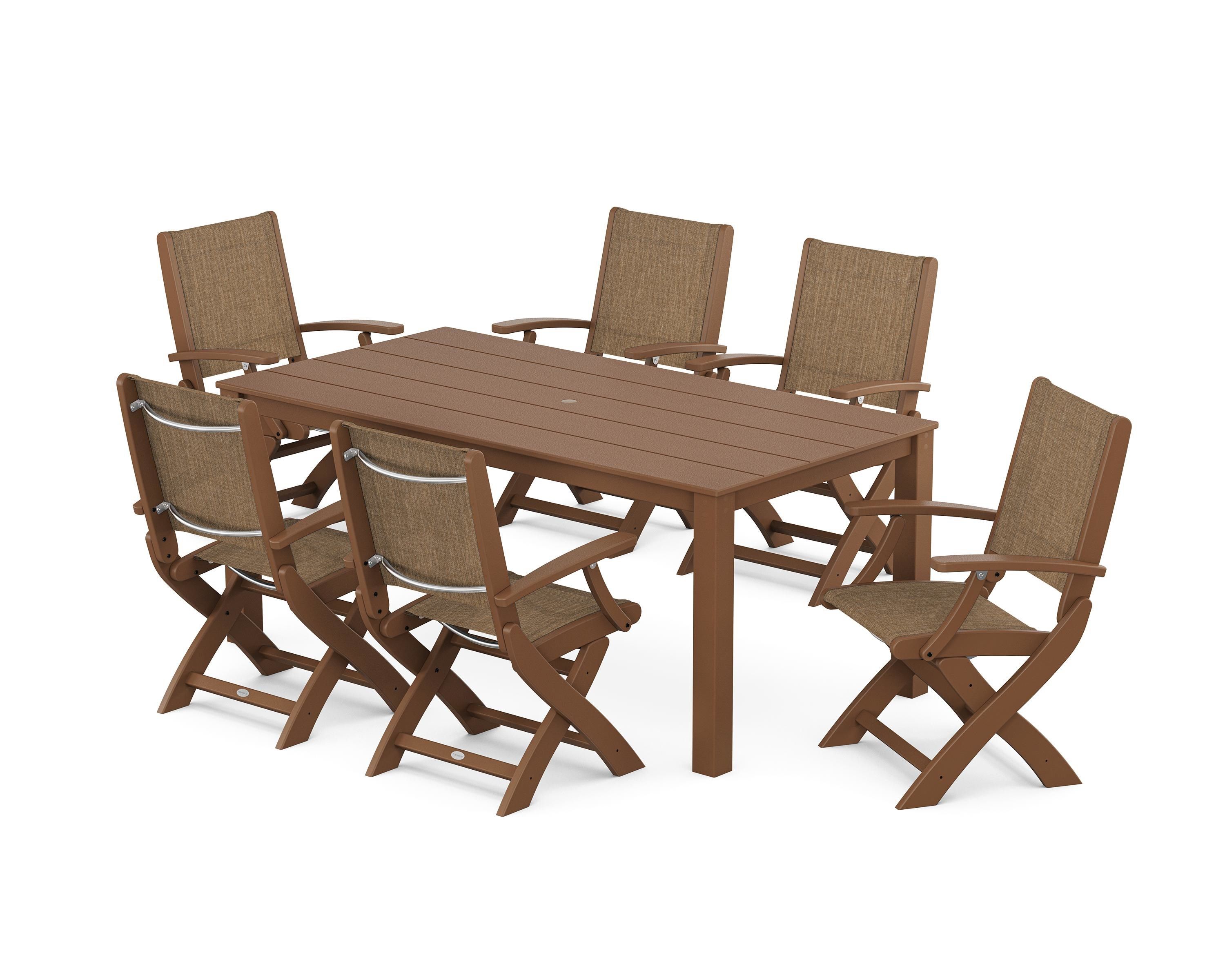 POLYWOOD® Coastal Folding Chair 7-Piece Parsons Dining Set in Teak / Burlap Sling