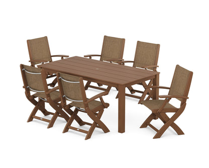 POLYWOOD® Coastal Folding Chair 7-Piece Parsons Dining Set in Teak / Burlap Sling