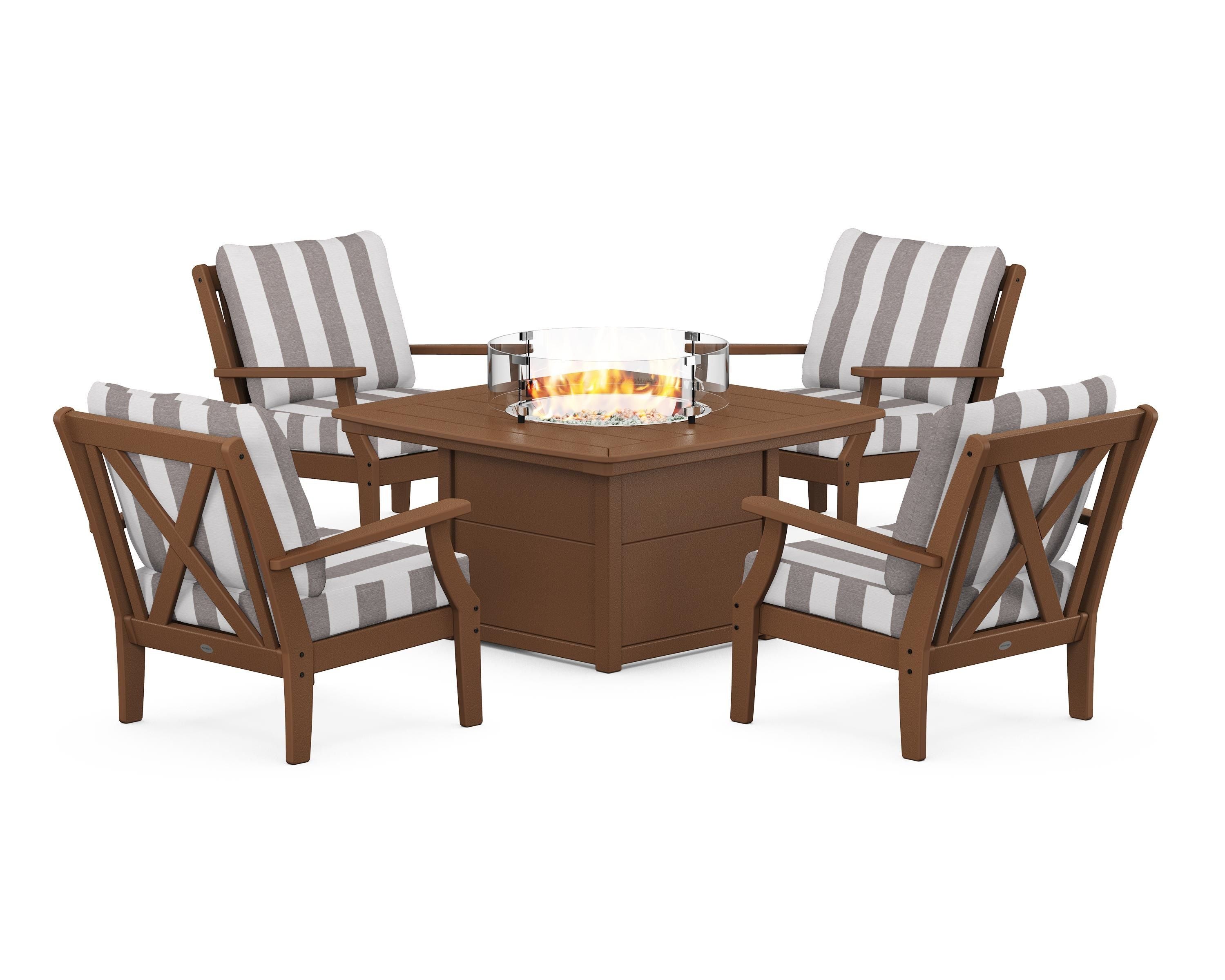 POLYWOOD® Braxton 5-Piece Deep Seating Conversation Set with Fire Pit Table in Teak / Cabana Stripe Grey Mist