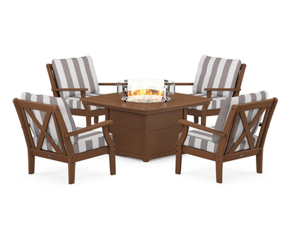 POLYWOOD® Braxton 5-Piece Deep Seating Conversation Set with Fire Pit Table in Teak / Cabana Stripe Grey Mist