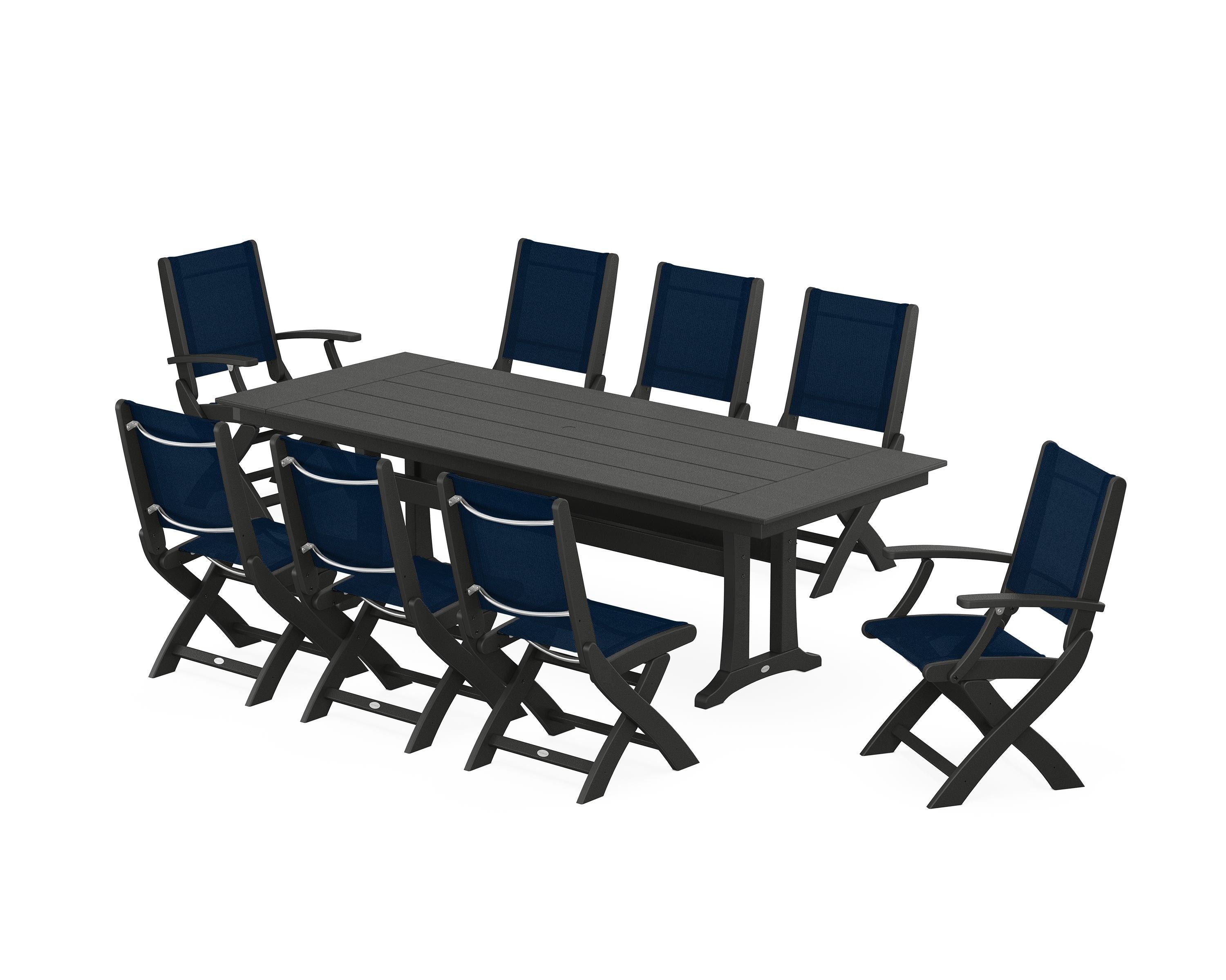 POLYWOOD® Coastal 9-Piece Folding Dining Chair Farmhouse Dining Set with Trestle Legs in Black / Navy Blue Sling