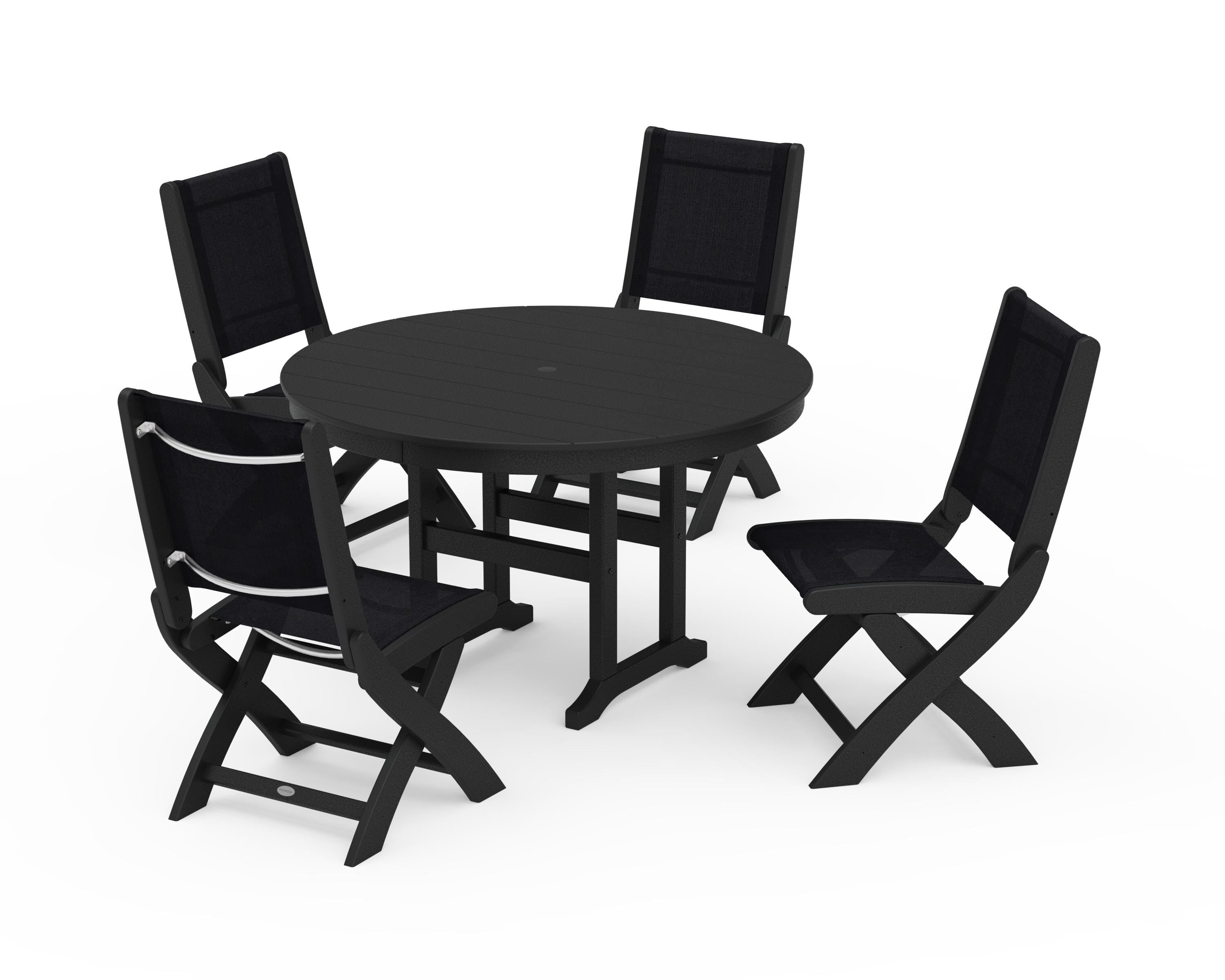POLYWOOD® Coastal Folding Side Chair 5-Piece Round Dining Set in Black / Black Sling