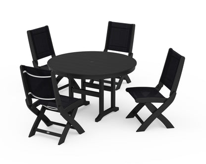 POLYWOOD® Coastal Folding Side Chair 5-Piece Round Dining Set in Black / Black Sling