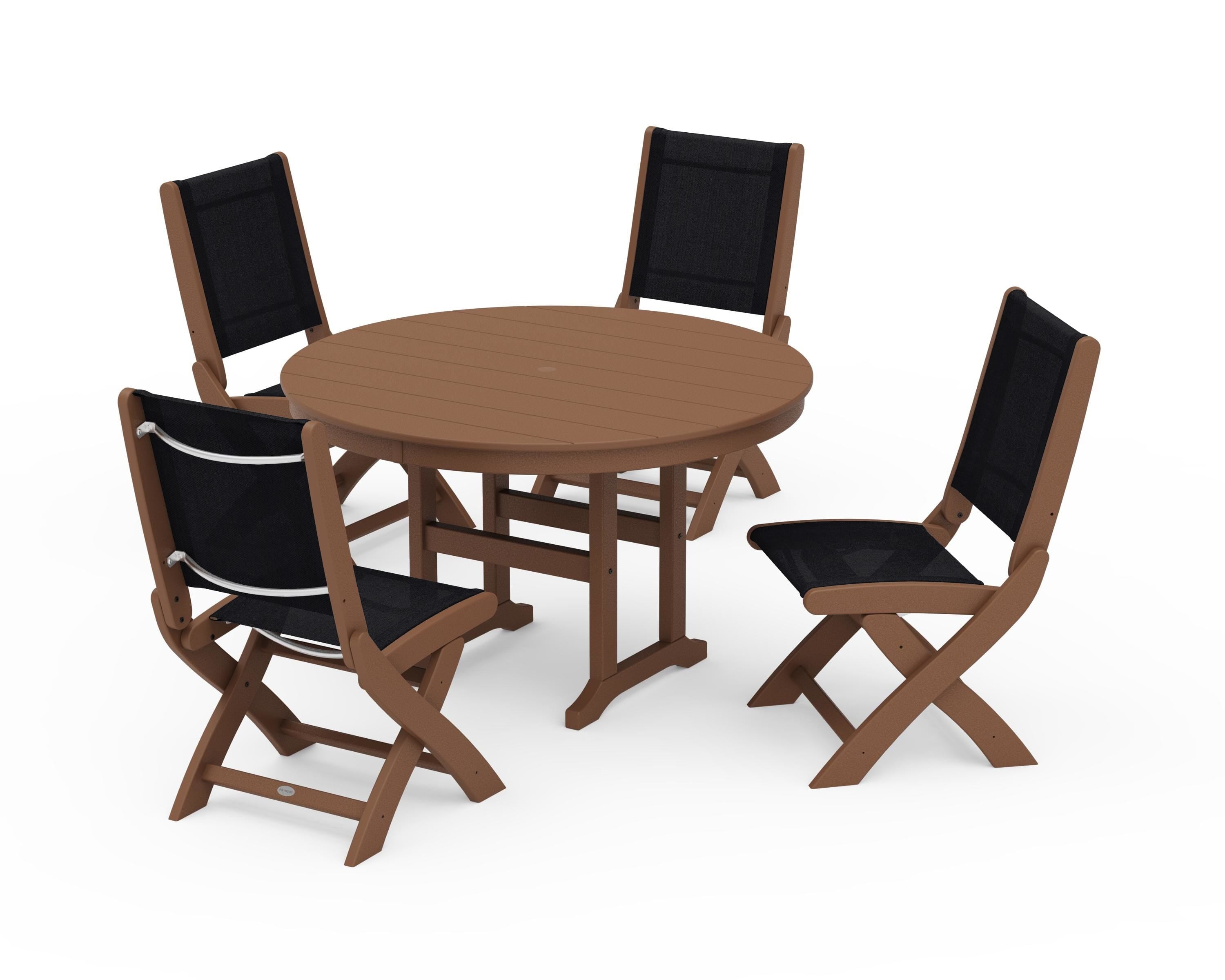 POLYWOOD® Coastal Folding Side Chair 5-Piece Round Dining Set in Teak / Black Sling