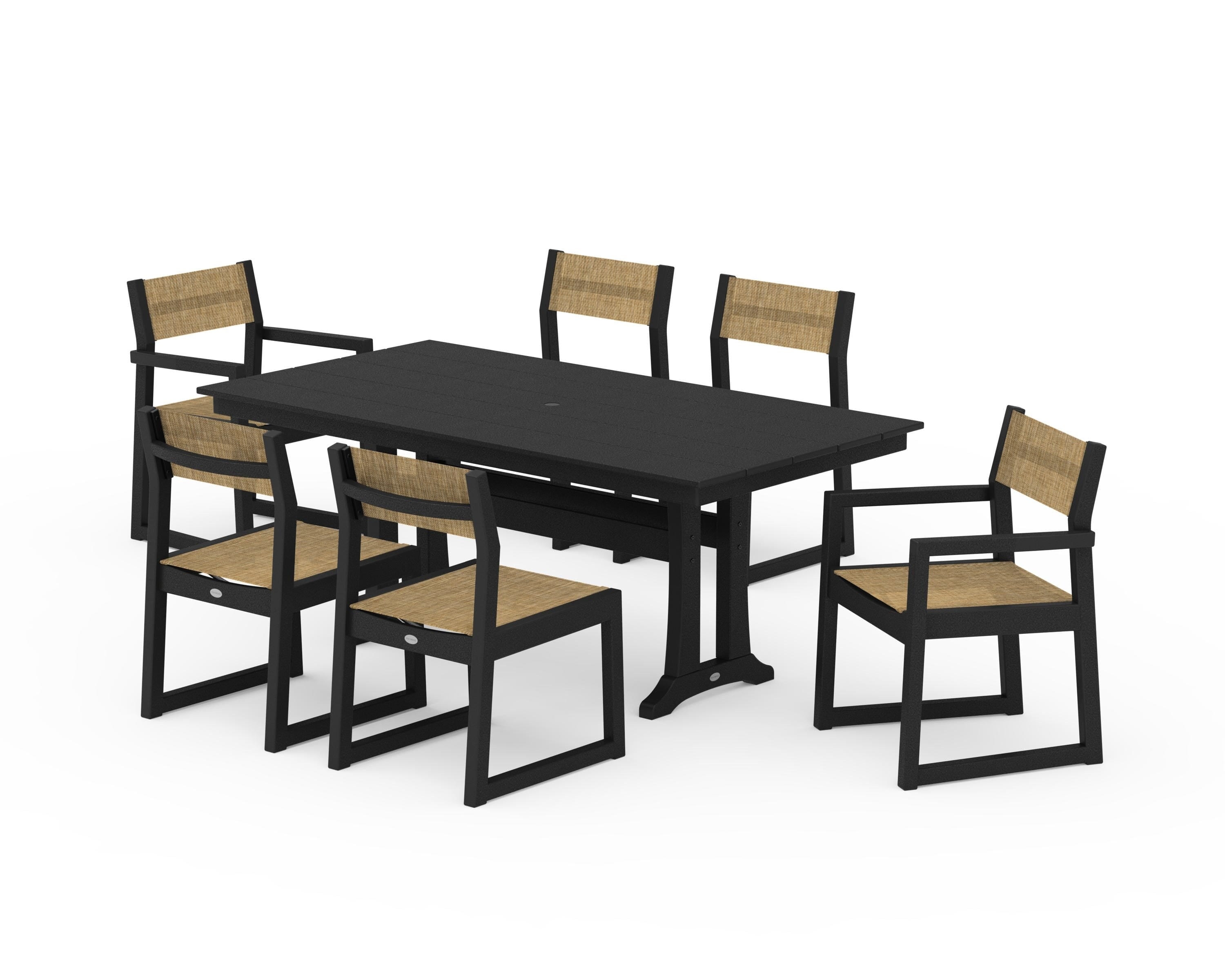 POLYWOOD® EDGE Sling 7-Piece Farmhouse Trestle Dining Set in Black / Burlap Sling