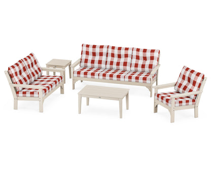 POLYWOOD® Vineyard 5 Piece Deep Seating Set in Sand / Buffalo Plaid Crimson