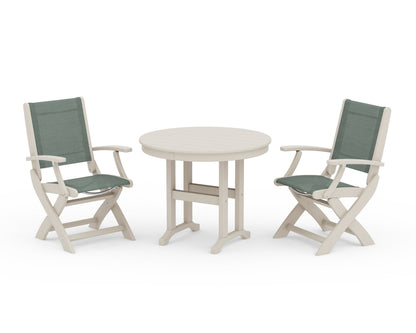 POLYWOOD® Coastal Folding Chair 3-Piece Round Dining Set in Sand / Dupioni Sea Mist Sling