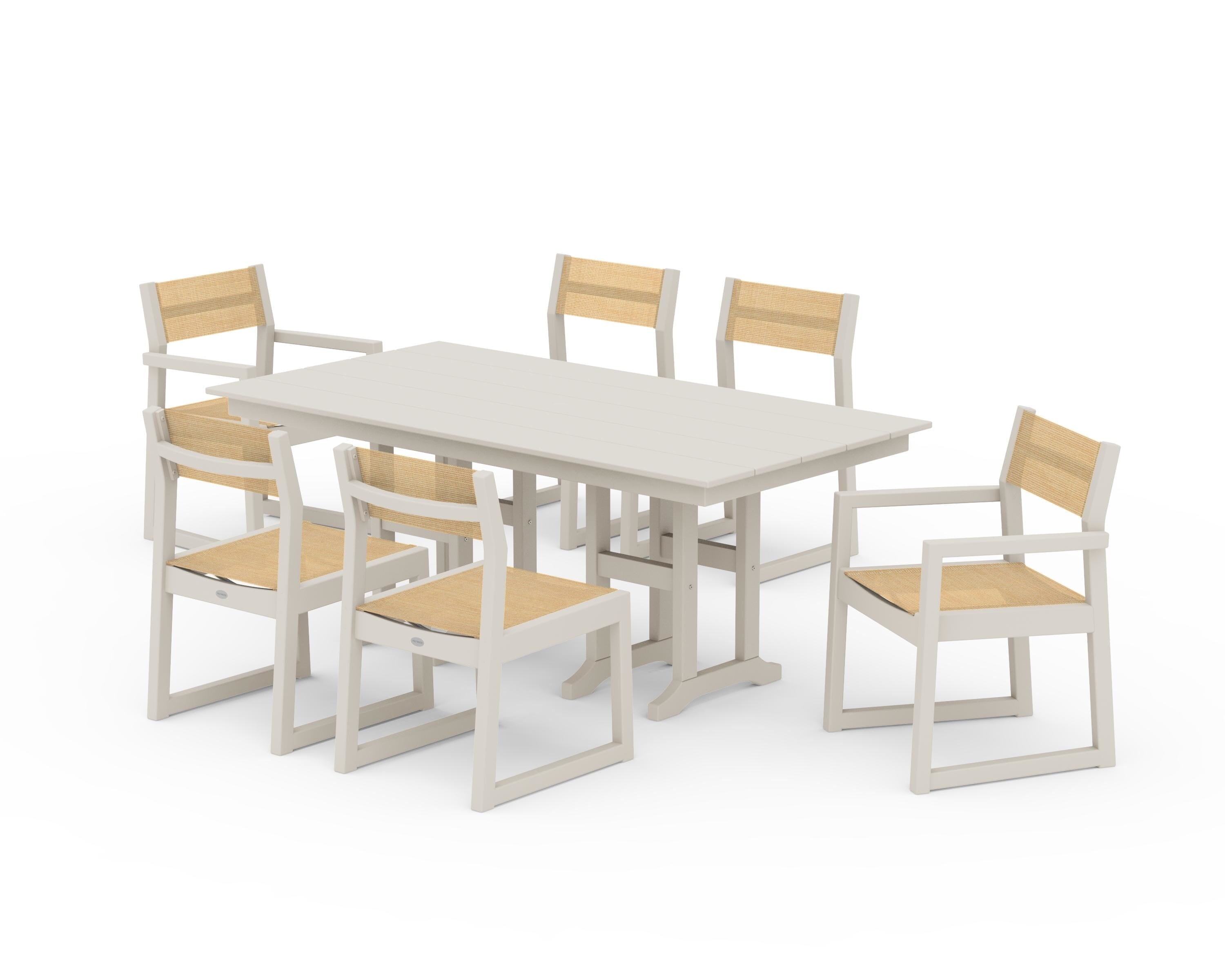 POLYWOOD® EDGE Sling 7-Piece Farmhouse Dining Set in Sand / Dupioni Apricot Sling