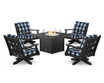 Country Living Wovendale 5-Piece Deep Seating Swivel Conversation Set with Fire Pit Table in Black / Buffalo Plaid Marine Indigo