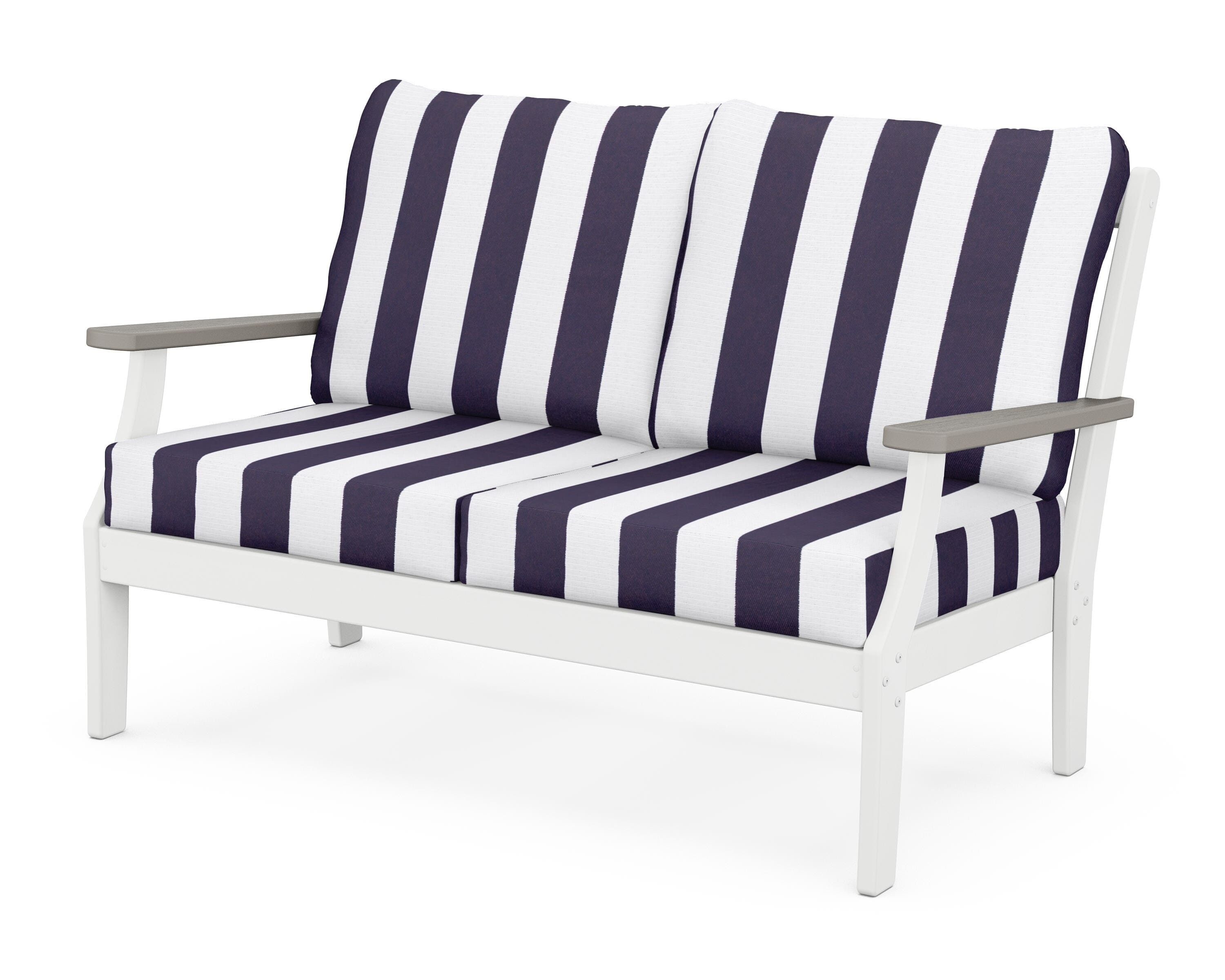 POLYWOOD® Braxton Deep Seating Loveseat in White / Driftwood / Cabana Stripe Navy