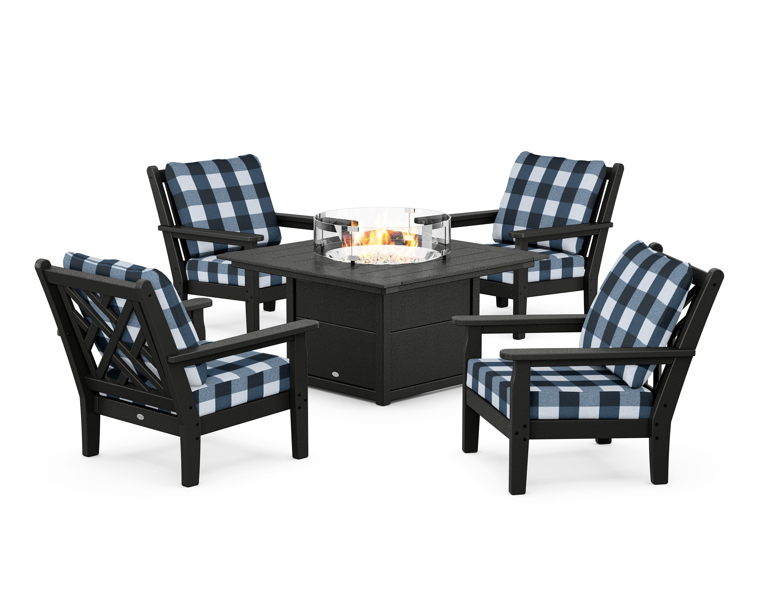 POLYWOOD® Chippendale 5-Piece Deep Seating Set with Fire Pit Table in Black / Buffalo Plaid Marine Indigo