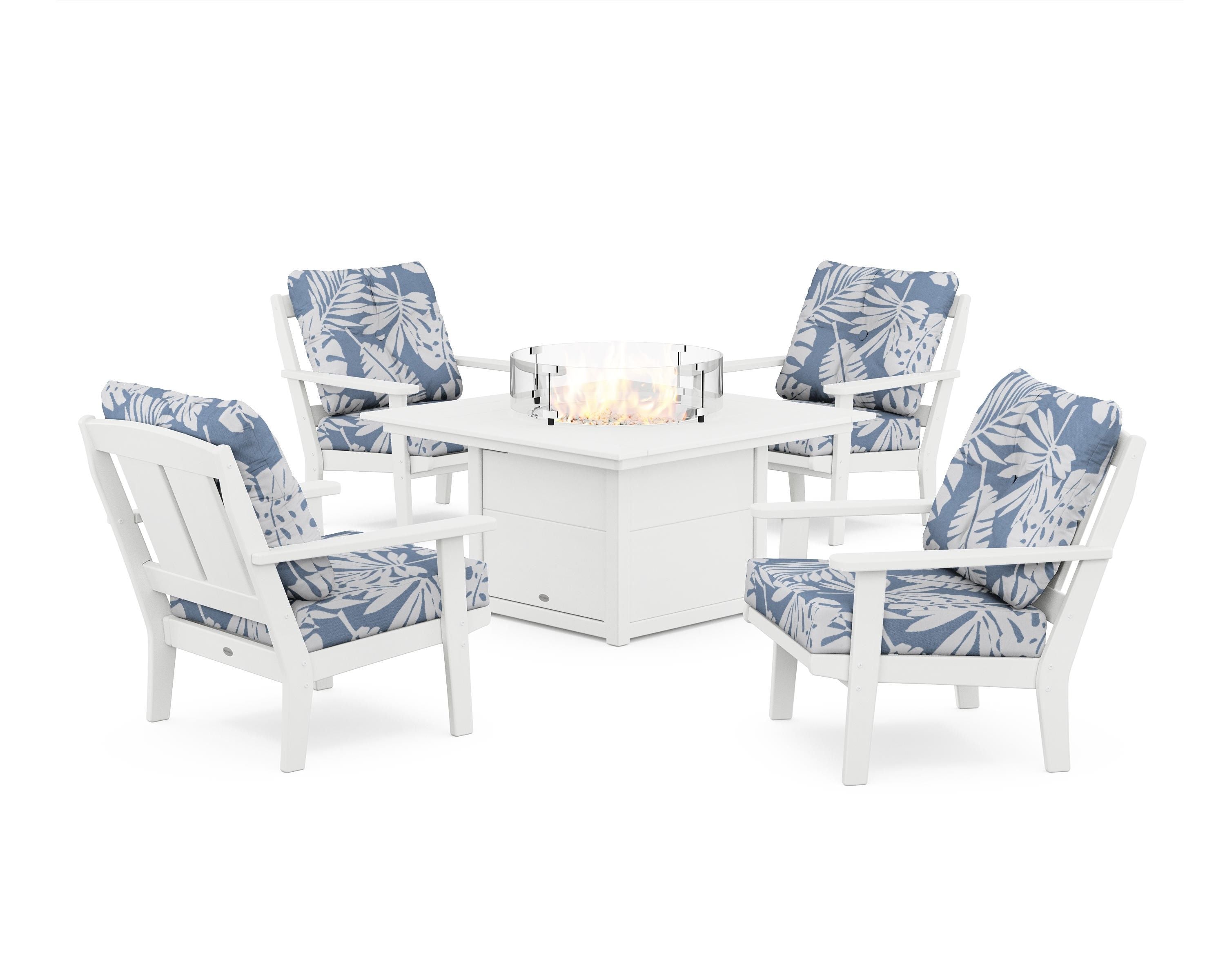 POLYWOOD® Mission 5-Piece Deep Seating Set with Fire Pit Table in White / Leaf Sky Blue