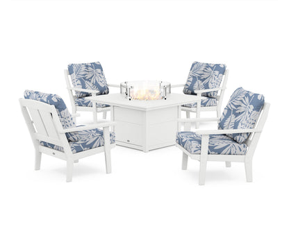 POLYWOOD® Mission 5-Piece Deep Seating Set with Fire Pit Table in White / Leaf Sky Blue