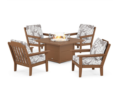 Country Living Cottage 5-Piece Deep Seating Set with Fire Pit Table in Teak / Leaf Grey Mist