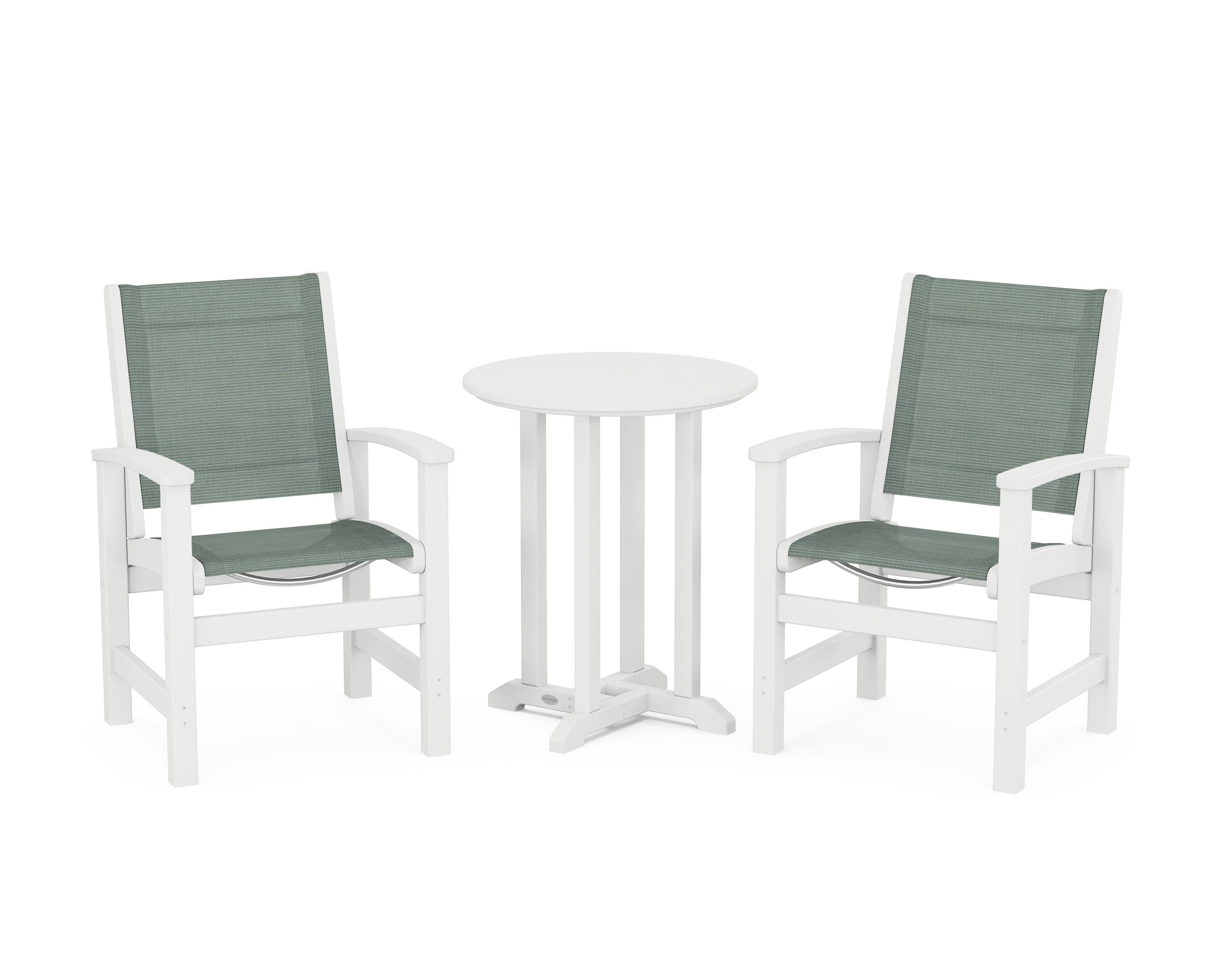 POLYWOOD® Coastal 3-Piece Round Bistro Dining Set in White / Dupioni Sea Mist Sling