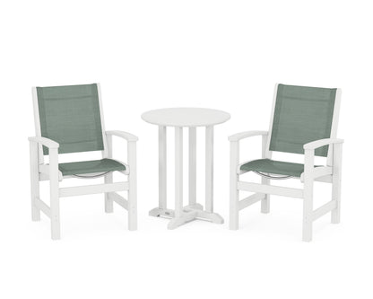 POLYWOOD® Coastal 3-Piece Round Bistro Dining Set in White / Dupioni Sea Mist Sling