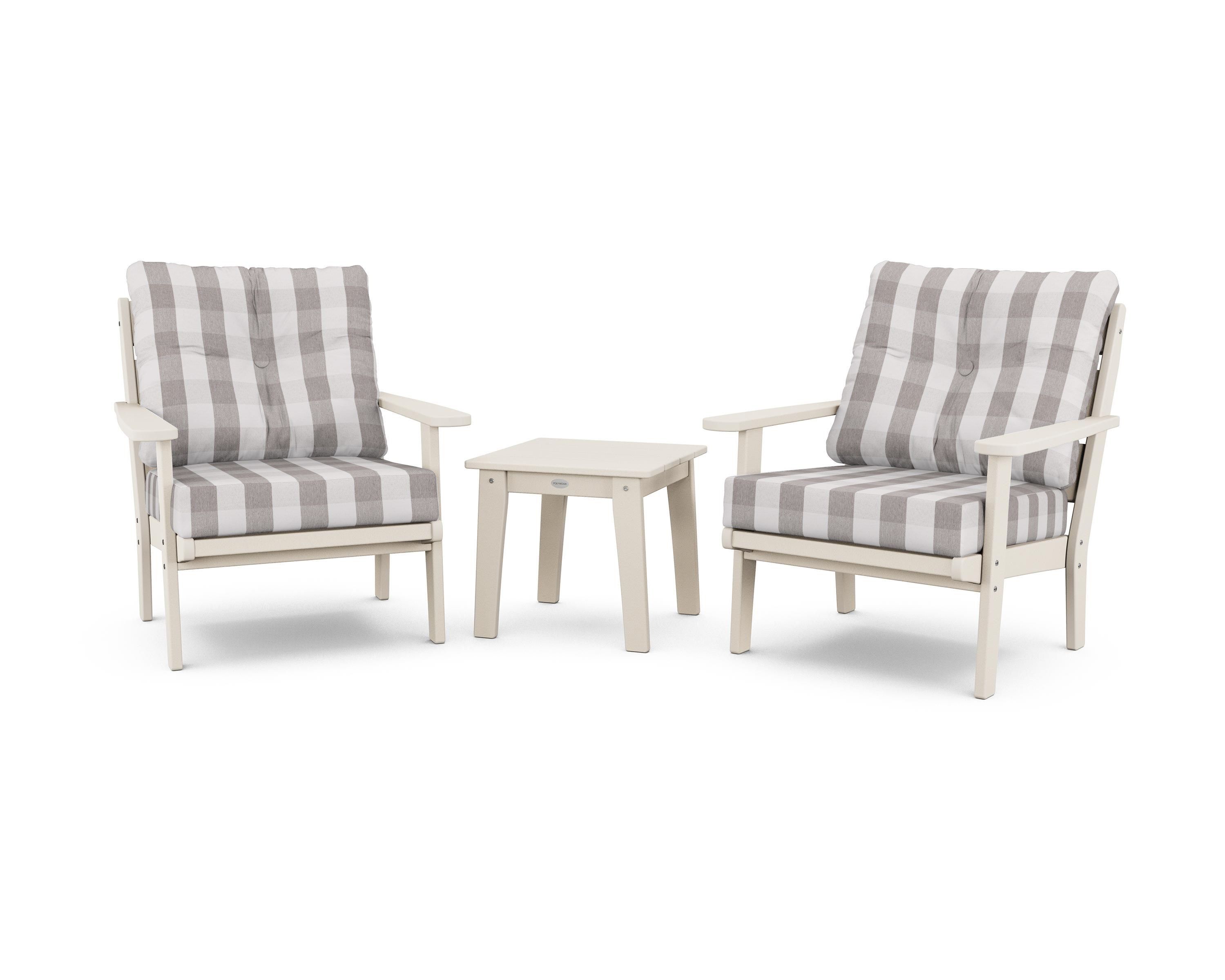 POLYWOOD® Lakeside 3-Piece Deep Seating Chair Set in Sand / Buffalo Plaid Grey Mist