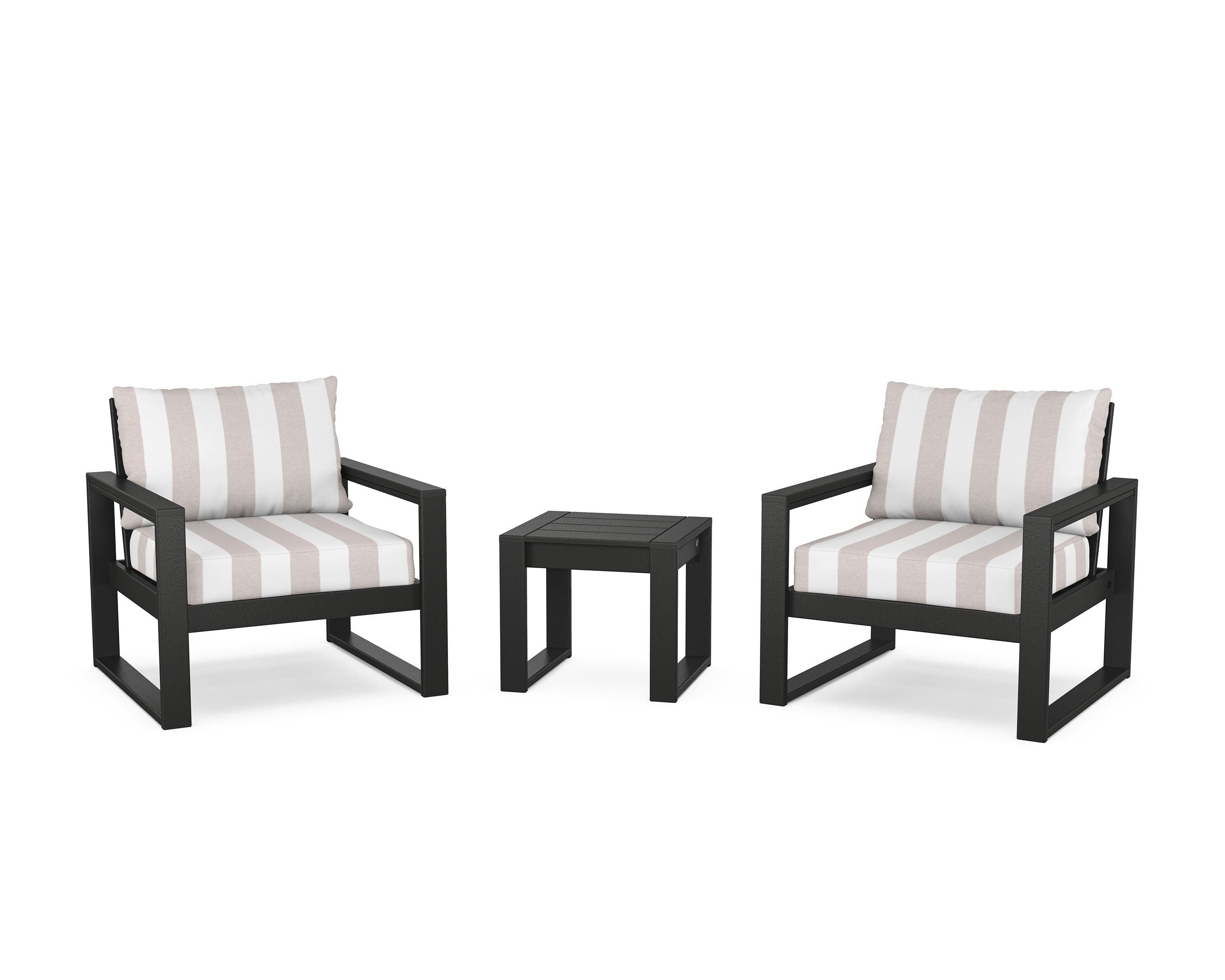POLYWOOD® EDGE Sectional 3-Piece Deep Seating Set in Black / Cabana Stripe Dune Burlap