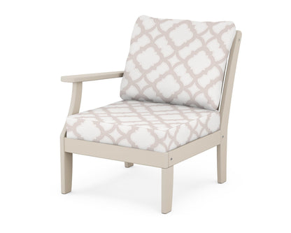 POLYWOOD® Braxton Modular Left Arm Chair in Sand / Trellis Dune Burlap