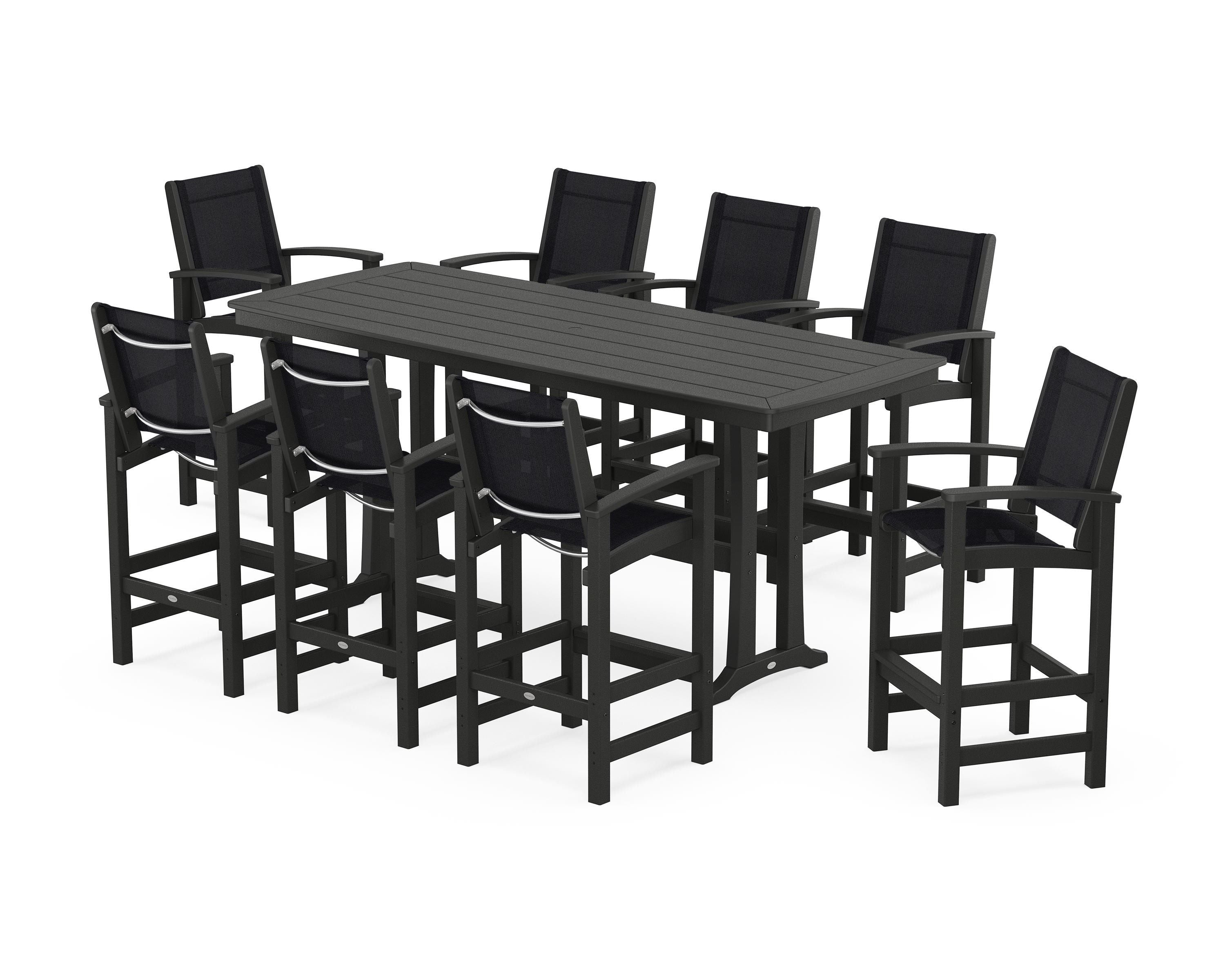 POLYWOOD® Coastal 9-Piece Bar Set with Trestle Legs in Black / Black Sling