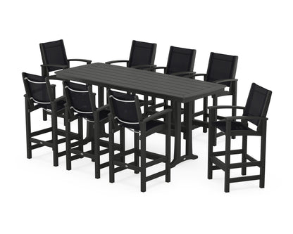 POLYWOOD® Coastal 9-Piece Bar Set with Trestle Legs in Black / Black Sling