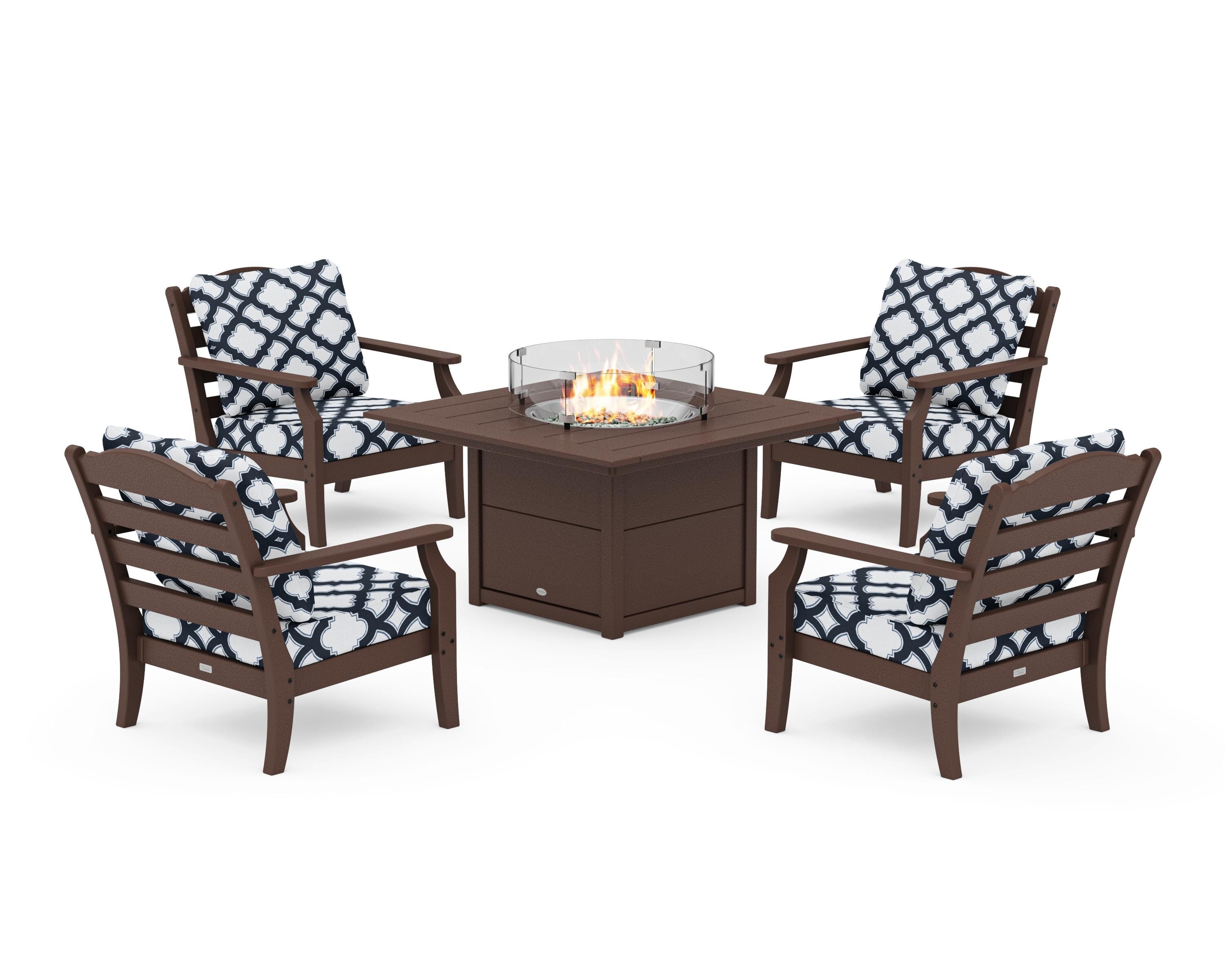 Draper James™ by  POLYWOOD® Savannah 5-Piece Deep Seating Set with Fire Pit Table in Mahogany / Trellis Marine Indigo