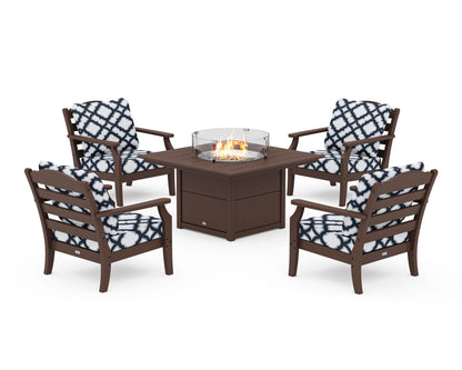 Draper James™ by  POLYWOOD® Savannah 5-Piece Deep Seating Set with Fire Pit Table in Mahogany / Trellis Marine Indigo