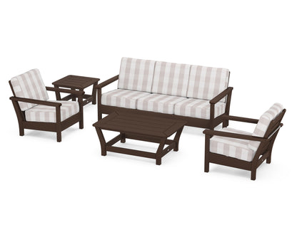 POLYWOOD® Harbour 5-Piece Deep Seating Set in Mahogany / Buffalo Plaid Dune Burlap